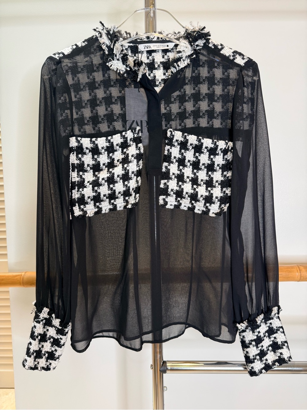 Zara Black Sheer Chiffon Houndstooth Tweed Blouse XS NWT